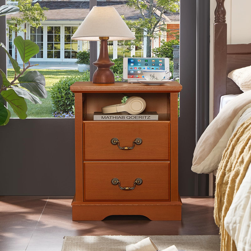 Farmhouse Nightstands with Charging Station,18" End Table with 2 Drawers,Farmhouse Nightstand with Vintage Handles, Bedside Cabinet for Bedroom (Caramel)
