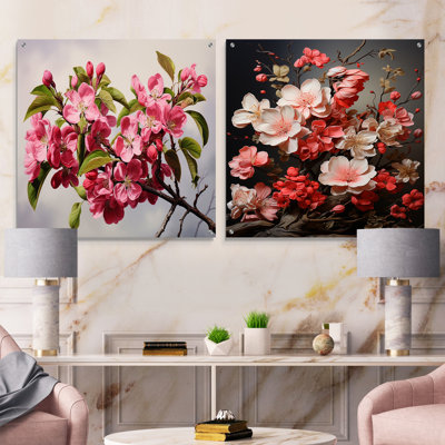 Pink Apple Blossom Elegance - Apple Blossom Acrylic Wall Art Glass Set Of 2