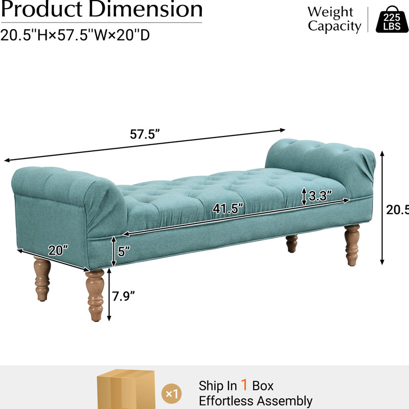 Banc rembourré bleu sarcelle poussiéreux avec pieds, repose-pieds, accoudoirs arrondis et emplacement polyvalent pour chambre, salon, entrée, bouton - pieds stables en bois massif