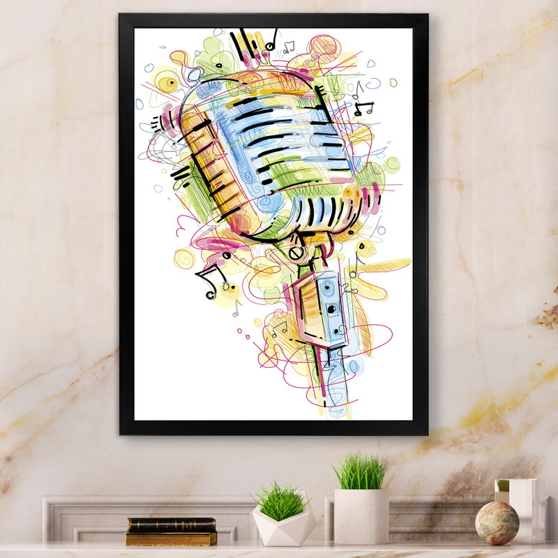 Microphone musical, dessin abstrait - peinture, Cadre photo noir, H 20 po x l 12 po x P 1 po