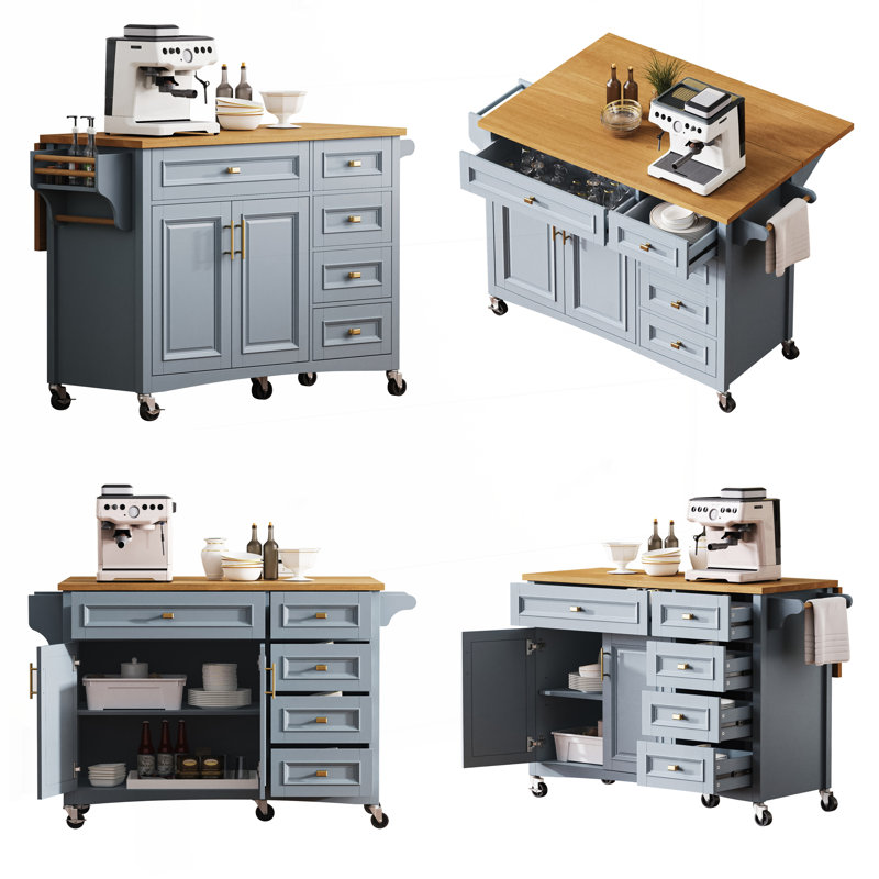 52-Inch Mobile Kitchen Island with Drop Leaf, Adjustable Shelf, and Ample Storage for Modern Kitchens., Blue Grey