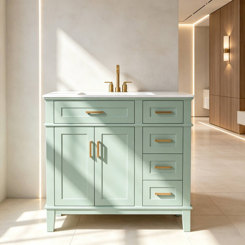 Meuble-lavabo simple 36 po avec comptoir en céramique 36 po, Vert, Doré
