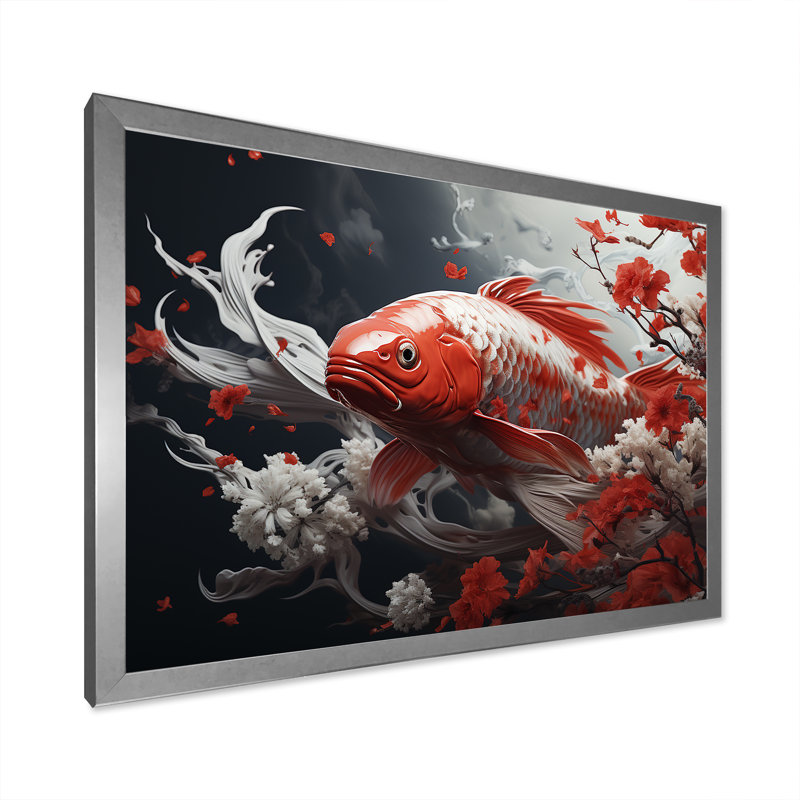 Kois rouge et gris nageant avec sérénité IV sur toile, Cadre simple argenté, H 30 po x l 40 po x P 1,5 po