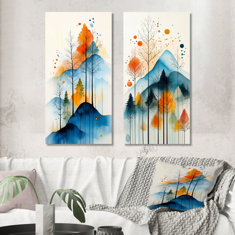 Arbres de montagne aux couleurs éclatantes - Ensemble de 2 décorations murales sur le thème des montagnes, 32" H x 32" W