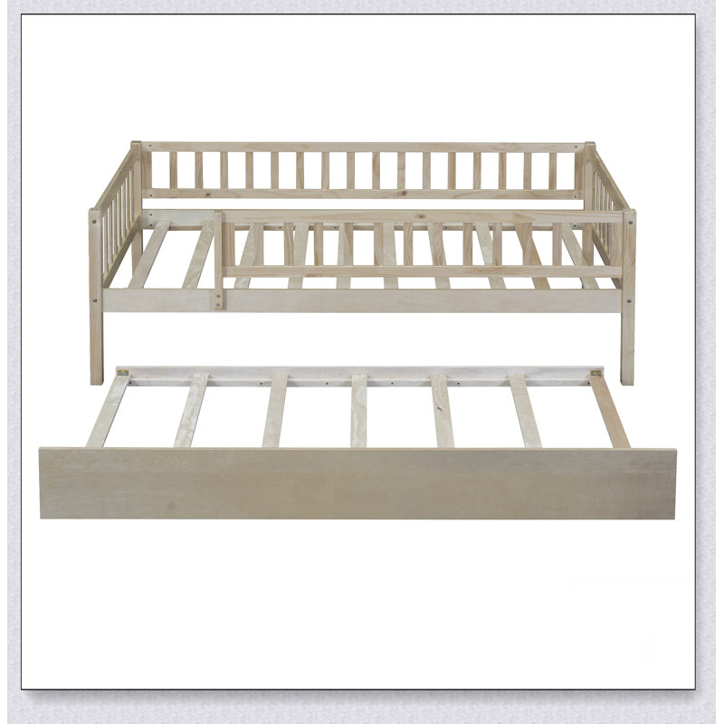 Wood Daybed With Trundle And Fence Guardrails, Natural, Twin