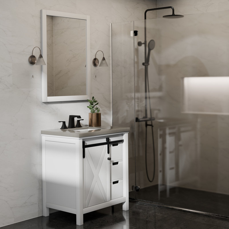 Meuble-lavabo simple avec plateau en marbre l 30 po x P 22 po Marsyas, Blanc, Quartz gris