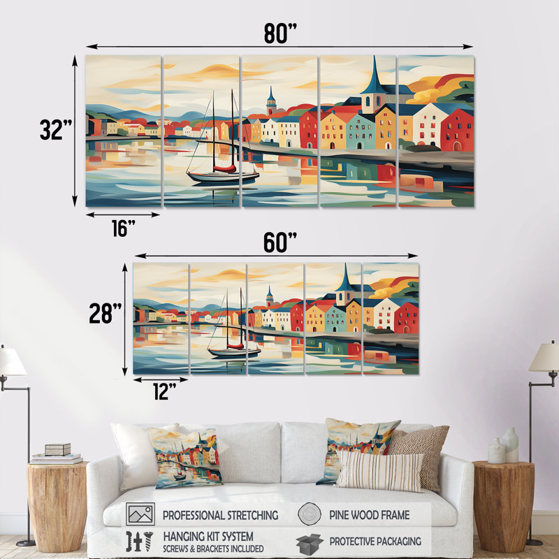 Islande, Reykjavik paysage II - port côtier, ensemble 5 pièces d'art mural, H 28 po x l 60 po