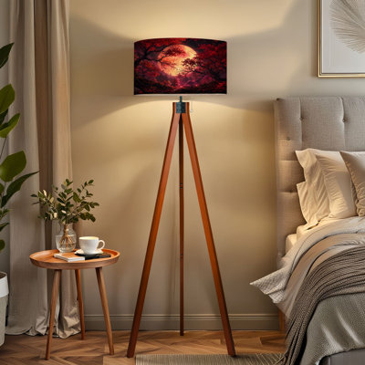  Tripod Standing Lamp Crimson Forest Giant Full Moon Red Maple Trees Fantasy Night Landscape Remote Controlled Dimmable LED Floor Lamp with Beech Wood Legs & Detachable Linen Shade for Farmhouse Apartment Living Room and Bedroom