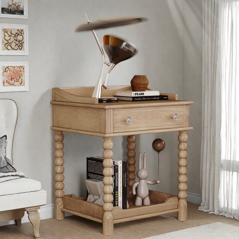 Retro Style Nightstand With 1 Drawer, An Open Shelf, Turned Legs And Metal Handles