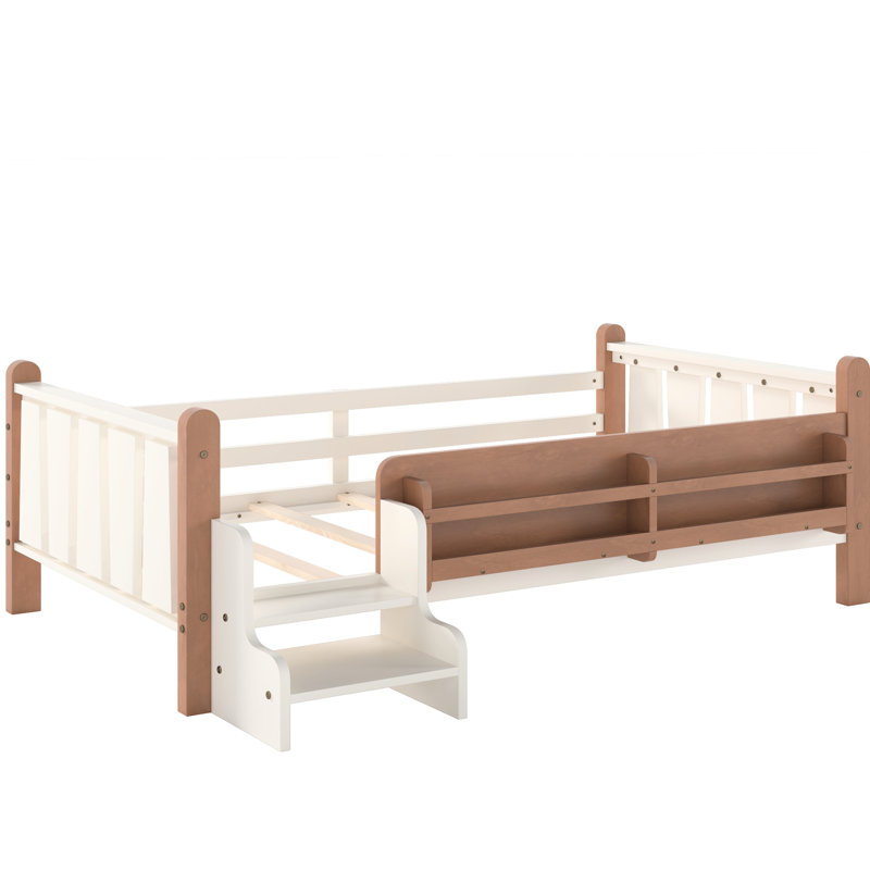 Lit simple en bois massif avec rangement, escalier et garde-corps, plancher de pin beige, Beige