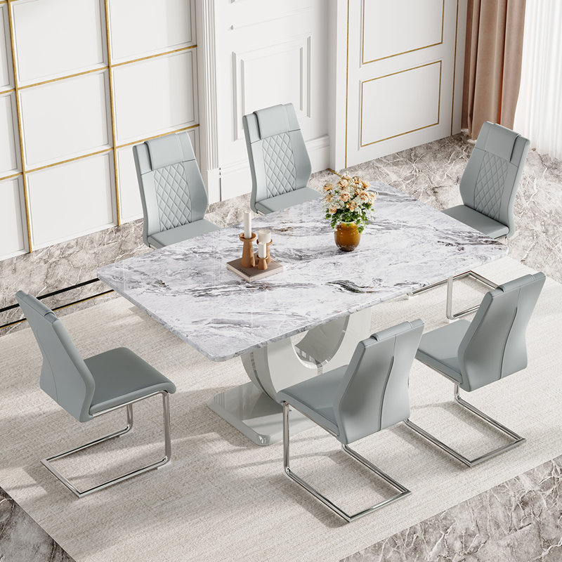  63'' Wooden Dining Table Set, Rectangle Gray Dining Table Set for 4/6 with Leather Chairs, Light Gray, 7
