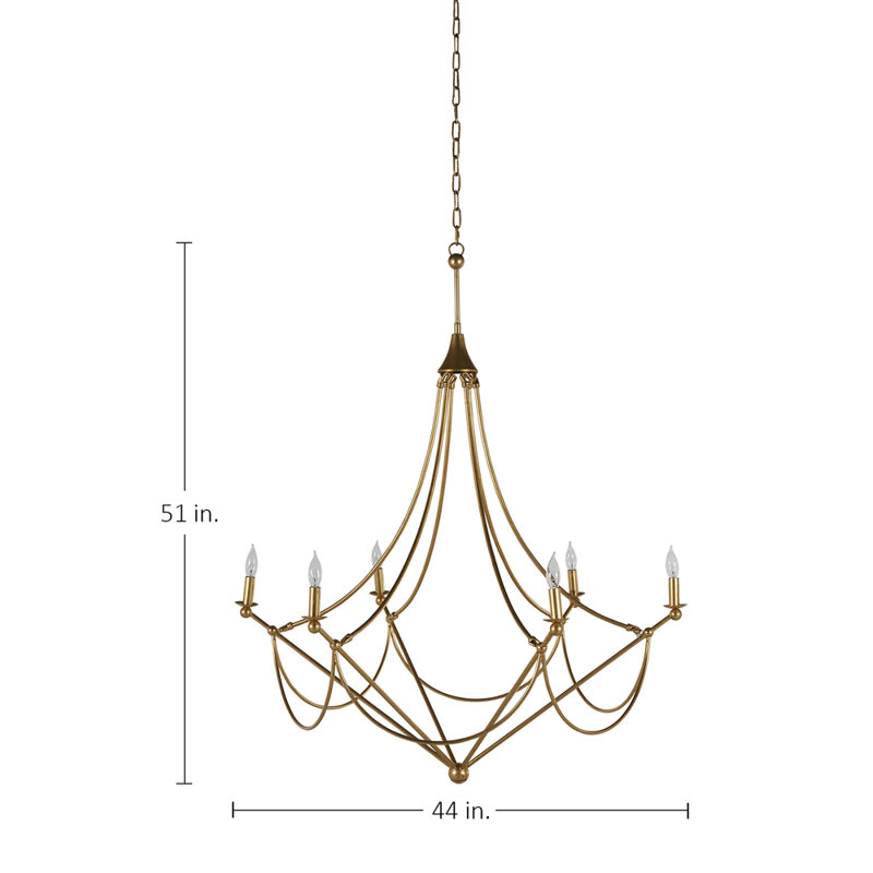Lustre style chandelier 6 lumières Miles, Doré vieilli