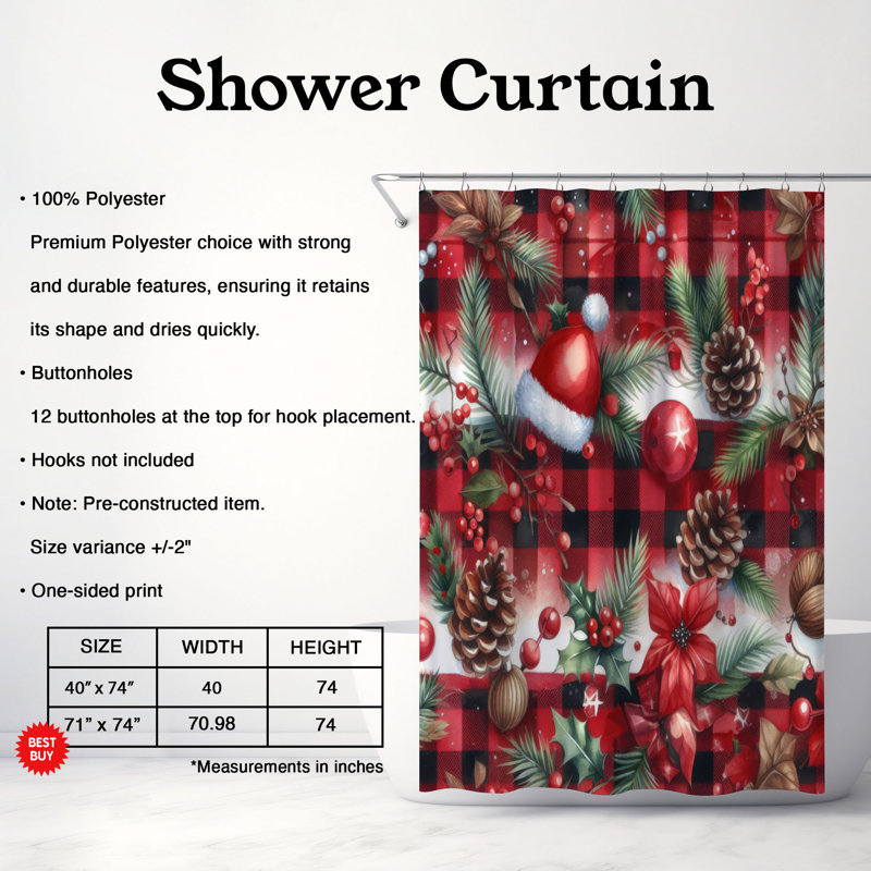 Rideau de douche standard 1 pièce Yuletide Checkers, H 74 po x l 71 po