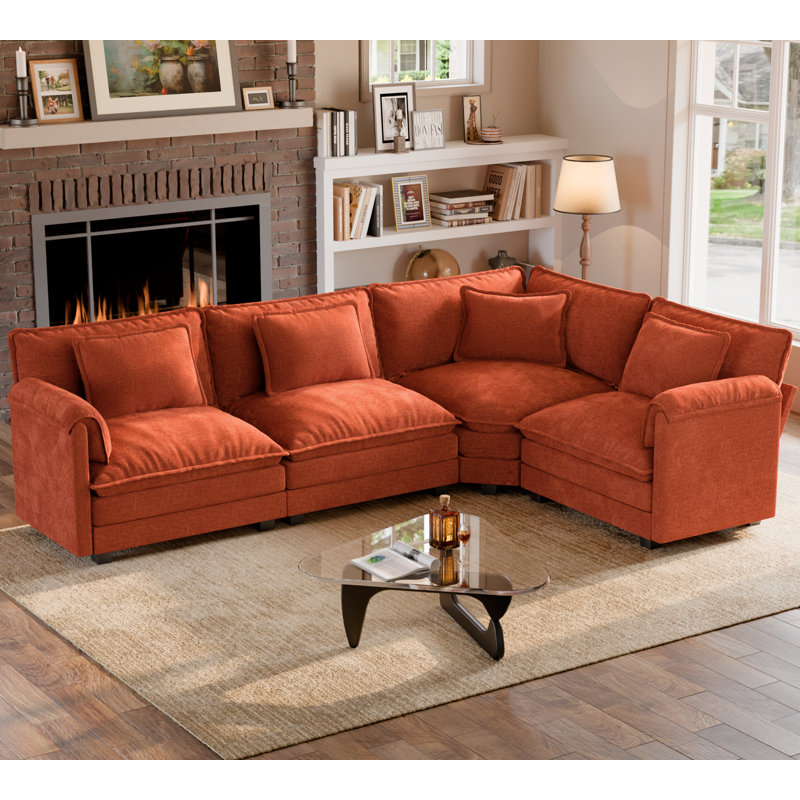 Amabilia L Shaped Upholstered Boneless Corner Modular Sectional Sofa Cloud Couch - Chenille Fabric, Blue Chenille