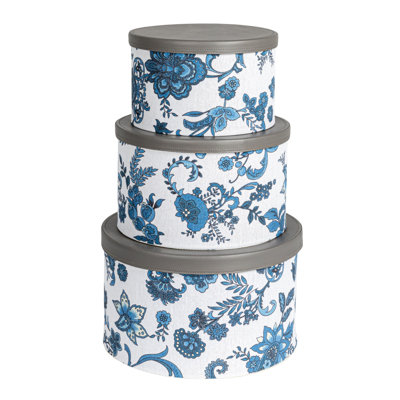 Bodo Round Hat Boxes with Lids, Vibrant Scallop Print with Faux Leather Lids, Poly-Cotton and Non-Woven PP Liner, Large, Medium and Small, Stackable and Nestable