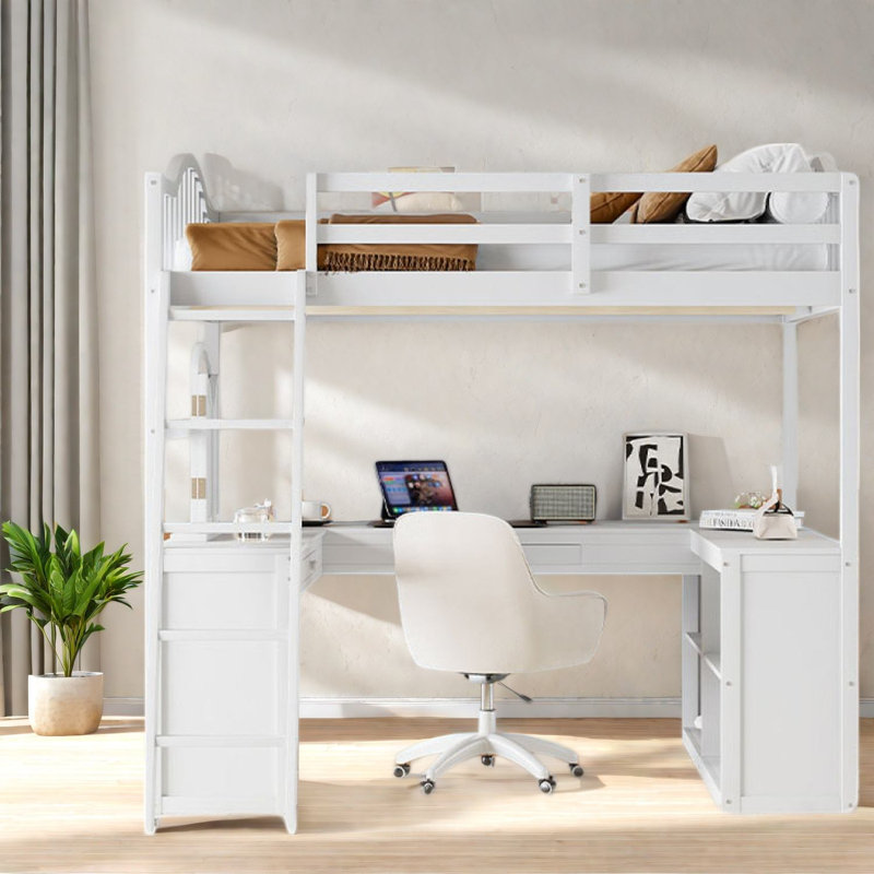 Lit mezzanine double avec rangement peu encombrant, bureau en bois aggloméré moderne