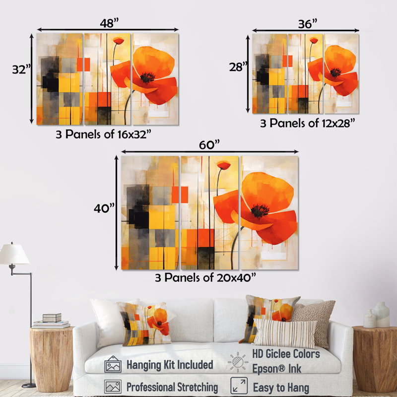 «Bold Orange Cubic Flowers I», ensemble d'art mural géométrique, Toile tendue, H 32 po x l 48 po x P 1 po