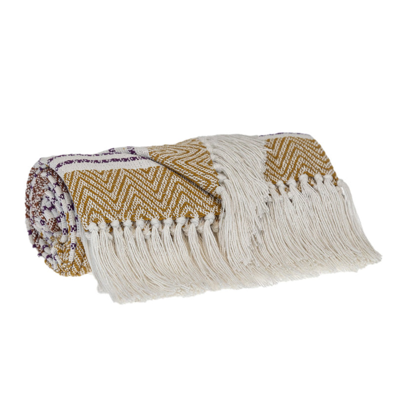Jeté rayé moutarde en coton tissé
