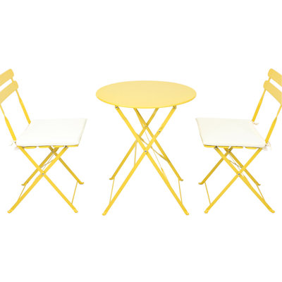 Yellow 3 Pieces Patio Bistro , Metal Chair Table, Construction With Rust Resistance, Foldable For Storage, Easy To Clean, Cushions Included Balcony Furniture - Yellow, Strong Rust- Frame, Stylish And
