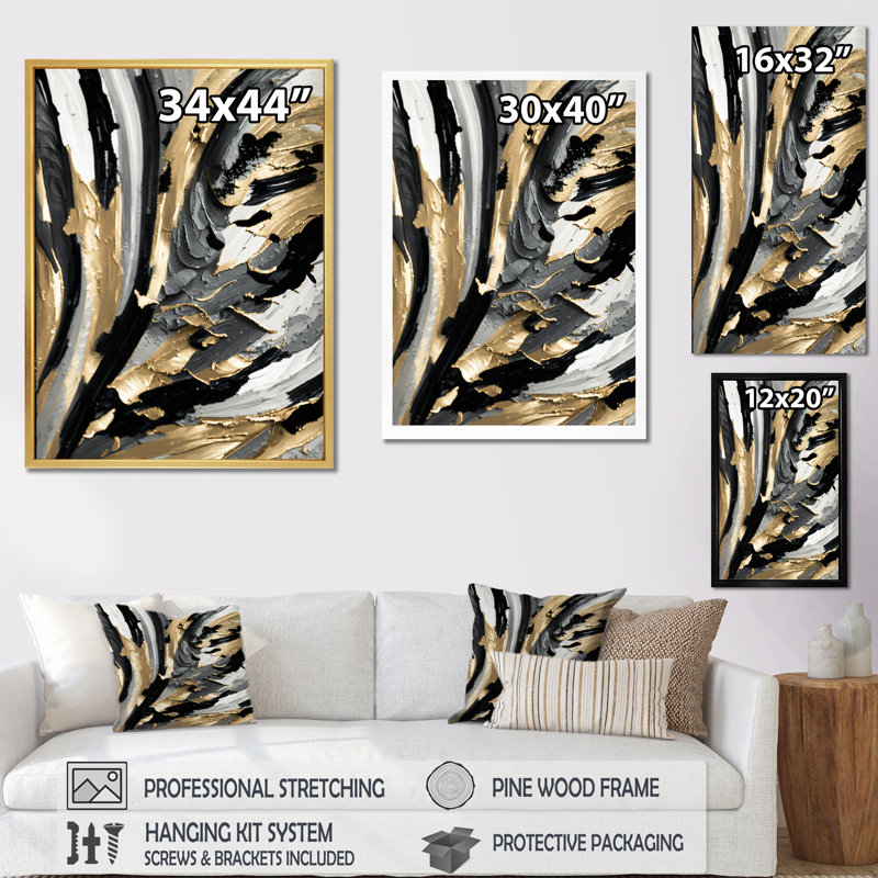 Rythme de plaisir abstrait noir et or I - peinture abstraite, art mural, H 32 po x l 24 po x P 1 po, Cadre simple noir