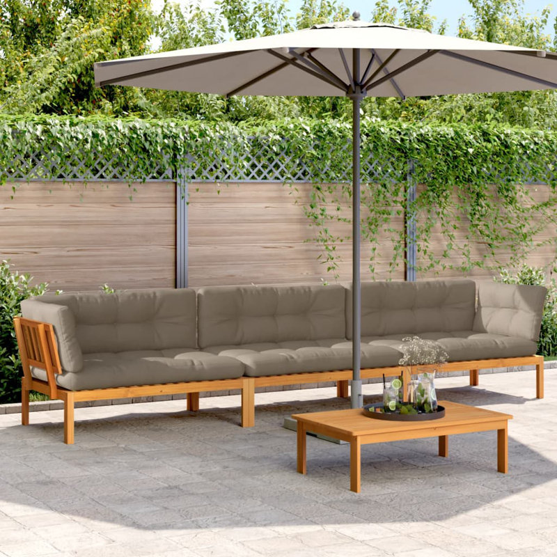 Vidaxl Pallet Sofa Set Acacia Wood, Black Cushions, 2x corner + middle + table, Black, Light Brown