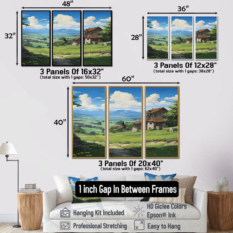 Maison de campagne dans un champ vert, ciel bleu - ensemble de salon d'art mural paysage, Encadrement argenté