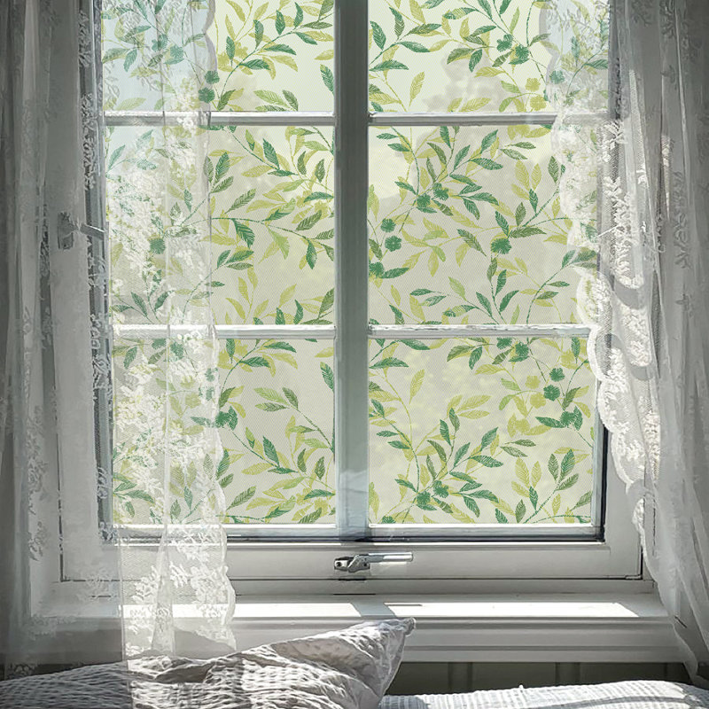 French Retro Spring & Summer Green Fern White Lace Window Film