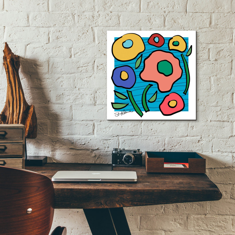 «Floral abstrait sur bleu» par St. Hilaire Elizabeth, H 12 po x l 12 po x P 0,13 po