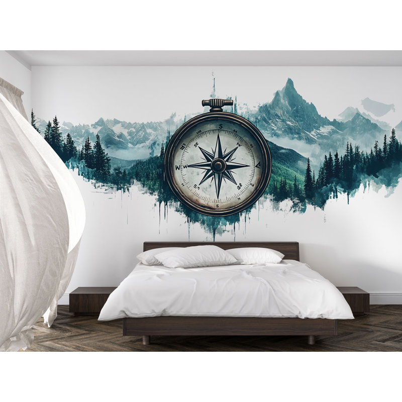 Autocollant boussole montagne, autocollant mural forêt, décor de chalet rustique, art mural aventure, autocollant Explorateur de la nature 543MV