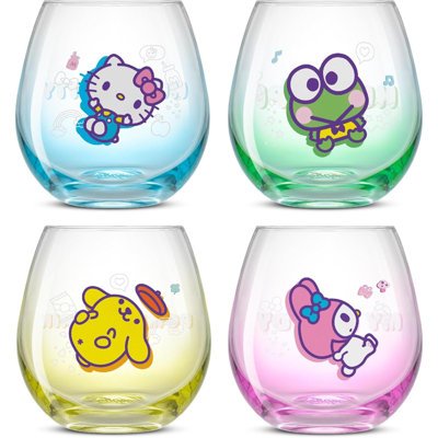 Hello Kitty & Friends Above The Clouds Stemless Drinking Glasses, 15 Oz Ombre Glass Cup Set Of 4 Ft Hello Kitty Keroppi My Melody Pompompurin, Kawaii Kitchen Glassware Sets