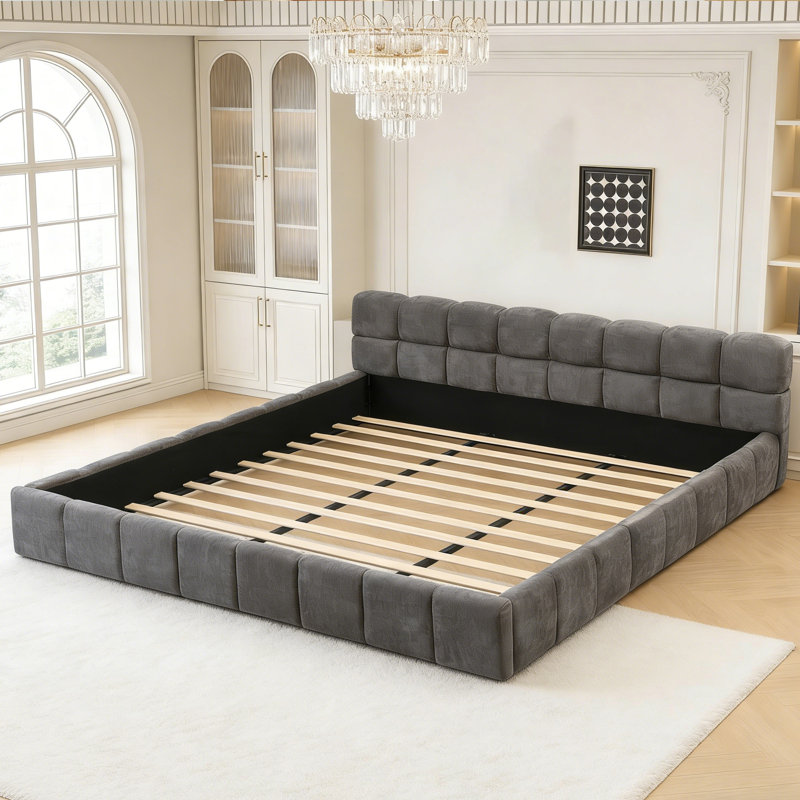 King Size Chenille Upholstered Platform Bed with Checkerboard Headboard, King