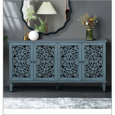 Buffet antique de 60 pouces avec sculptures florales, pieds en bois massif, poignées en laiton antique et tablettes réglables pour la télévision et le rangement