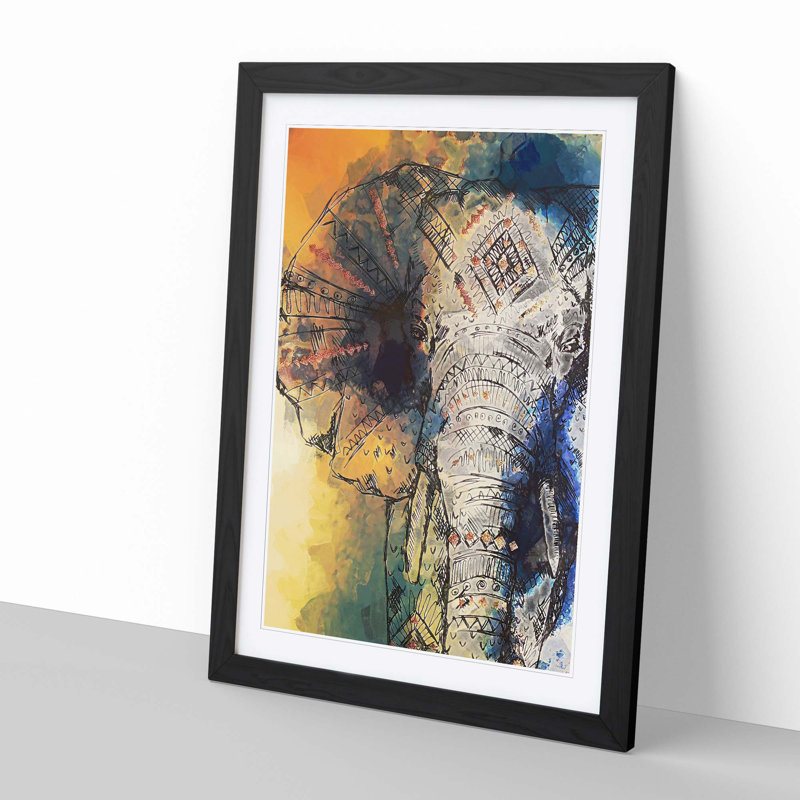 Indian Elephant in Abstract - Framed Print, 60cm H x 40cm W x 2cm D, Black