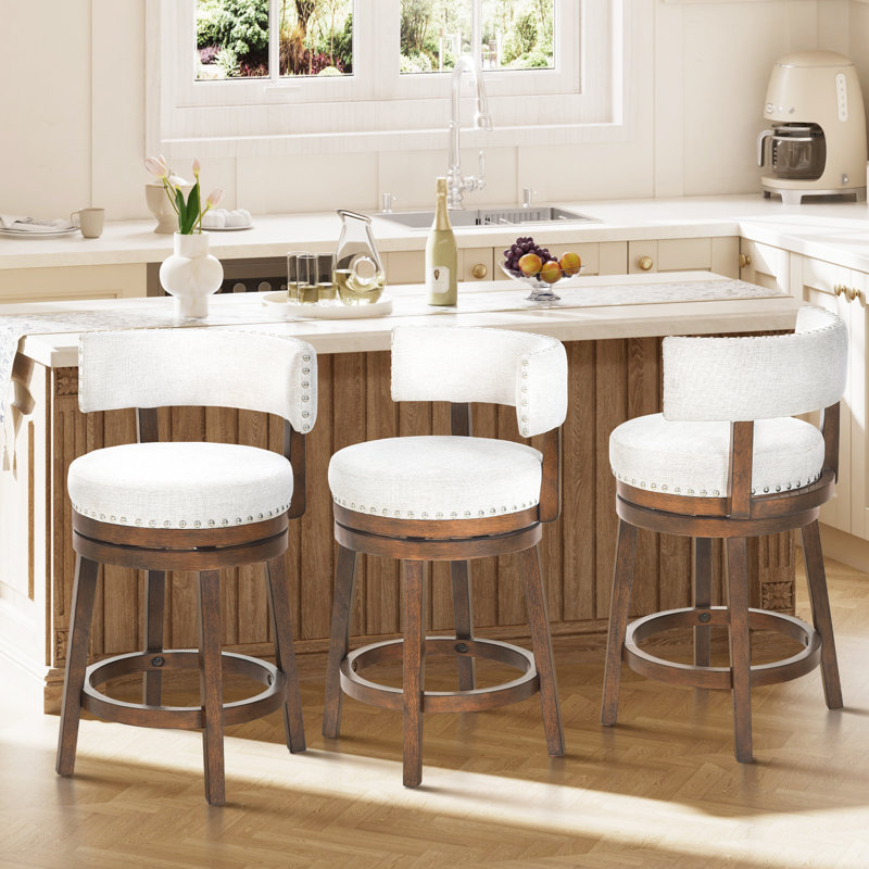 Tabouret de bar et de comptoir rembourré pivotant à 360°, structure en bois massif, siège et dossier rembourrés, garniture cloutée, tabouret pour îlot de cuisine