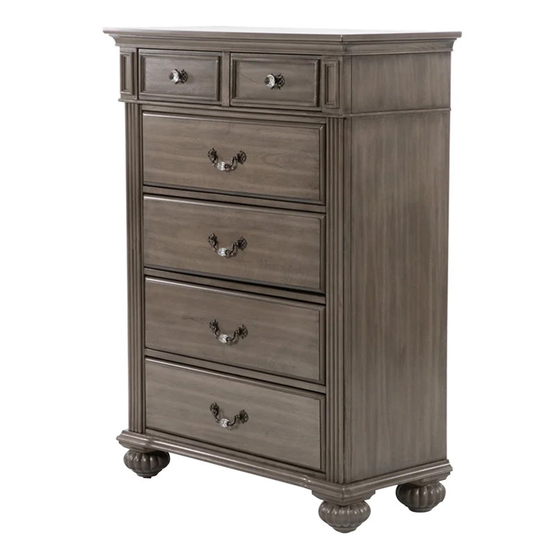 Commode haute Recus, 6 tiroirs avec poignées en laiton, bois massif gris