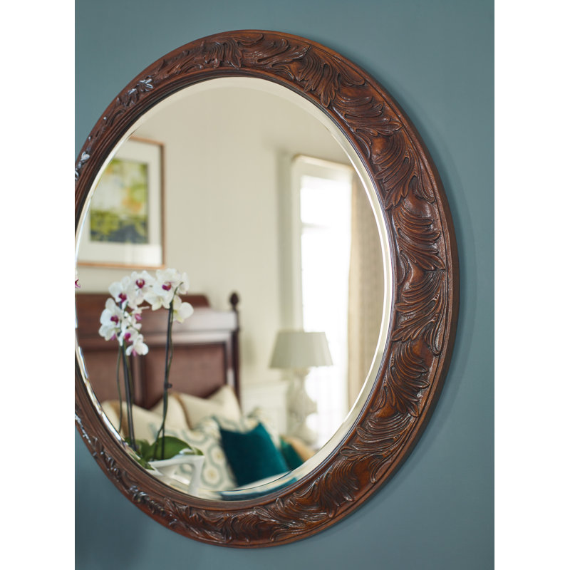 Charleston Round Brown Wood Wall Mirror with Botanical Motif