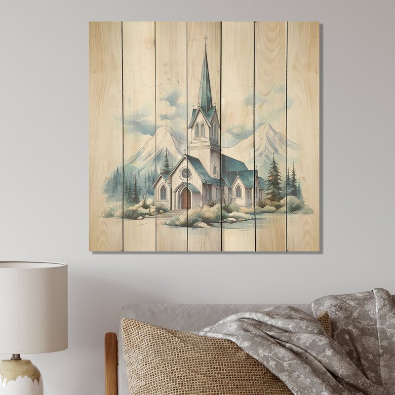 Mountain Church Sanctuary II - Church On Wood Print, H 15 po x l 15 po