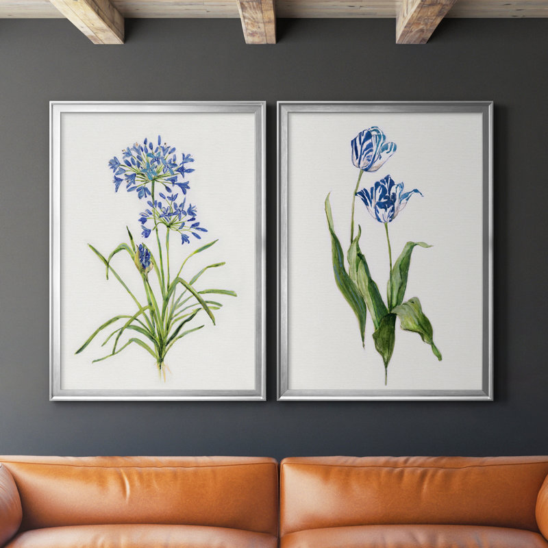 «Blue Lived Botanical I», ensemble de 2 reproductions d'art sur toile encadrées, Argent, H 30,5 po x l 85 po x P 3 po