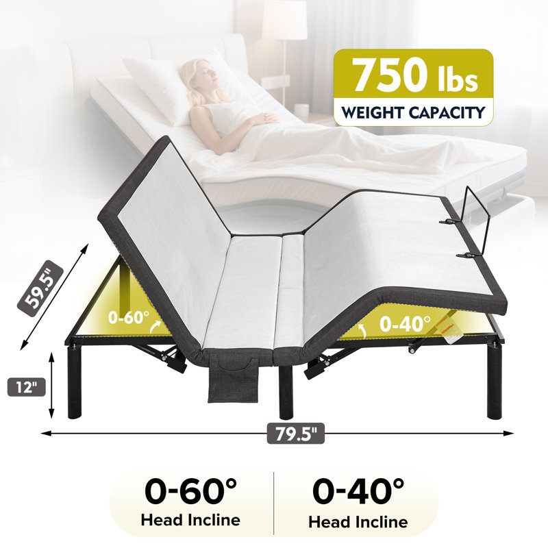 Base de lit réglable ergonomique pour grand lit, base électrique avec télécommande sans fil, veilleuse sans gravité, masseur, 2 ports USB, poche latérale