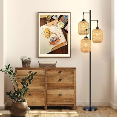 Floor Lamp For Living Room,Bedroom,Boho Rattan Tree 3 Lights Farmhouse Floor Lights,Industrial Black Standing Lamp Wicker Rustic Tall Lamp,Woven Bamboo Lampshade Floor Lamps Bohemian