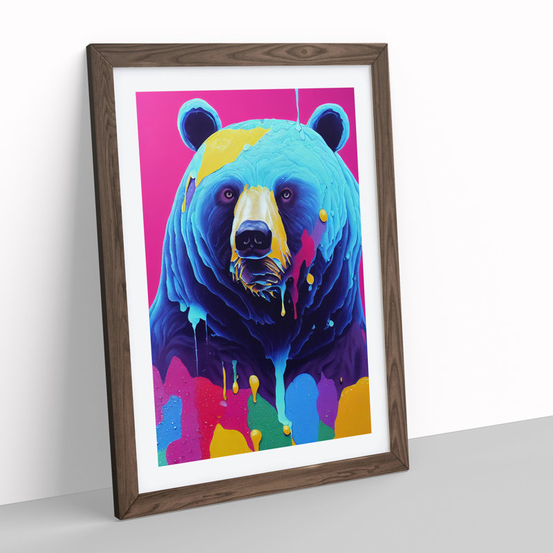 Colourful Bear No.4 - Wall Art, 66cm H x 48cm W x 2cm D, Walnut Framed, White