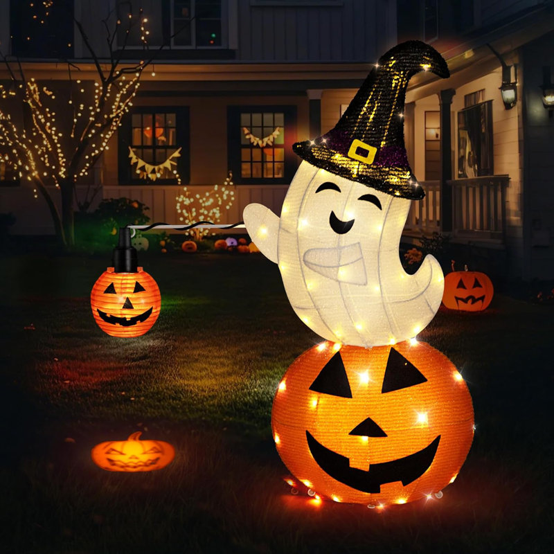 Spectre d'Halloween pliable en métal sur une citrouille avec effet de projection de 2,5 pi de hauteur