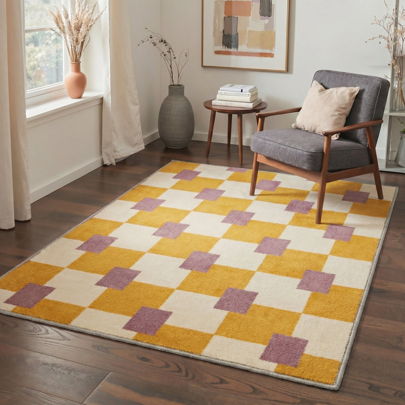 Geoform Modern Machine Washable Yellow / Beige / Purple Indoor Area Rug with Non-Slip Backing, Rectangle 5' x 7'