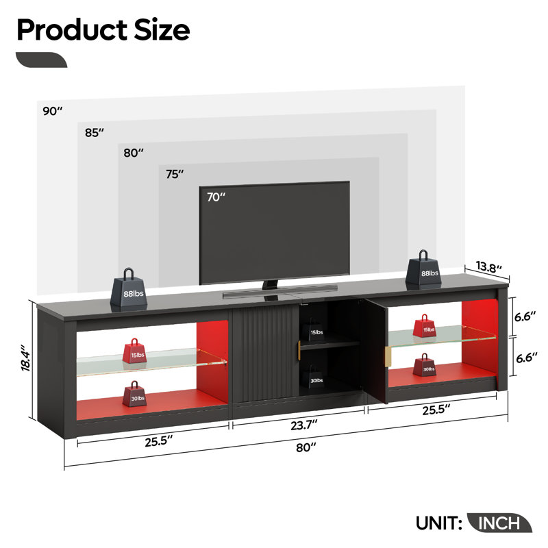 Kruszewski 80" Modern Fluted TV Stand with Adjustable Shelf, LED Media Console for 85 Inch TV, Glossy TV Console with Cabinet