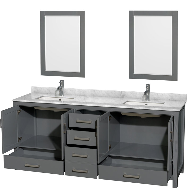 Sheffield 80" Freestanding Double Bathroom Vanity with Marble Top with 24" Mirrors, Brushed Chrome, Dark Gray