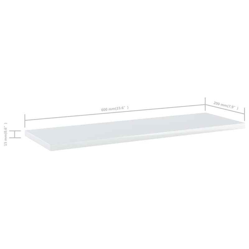 Bookshelf Boards 8 pcs Engineered Wood, High Gloss White, (8 Shelves) 0.59" H x 23.62" W x 11.81" D