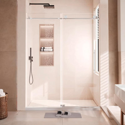 Portes de douche en verre, porte de salle de bain coulissante, joint étanche, porte de douche en verre sans cadre, installation facile, verre trempé de 8 mm, tube rond en nickel brossé