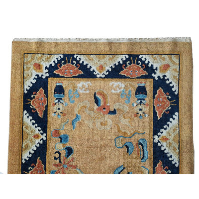 Neutral Cream Color Antique Chinese Koi Fish Medallion Peking Rug