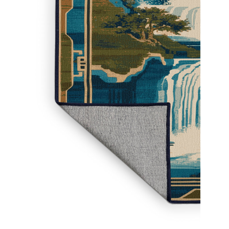 Machine Washable Art Deco Blue Area Rug, Square 4'
