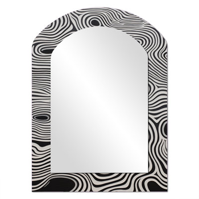 Black White Minimal Labyrinth Waves - Landscape Line Art Asymmetrical Unique Wall Mirror, Modern Arch Mirror, Printed Metal Art